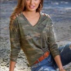 NWT Boston Proper V Neck Strappy Long Sleeve Camo Top